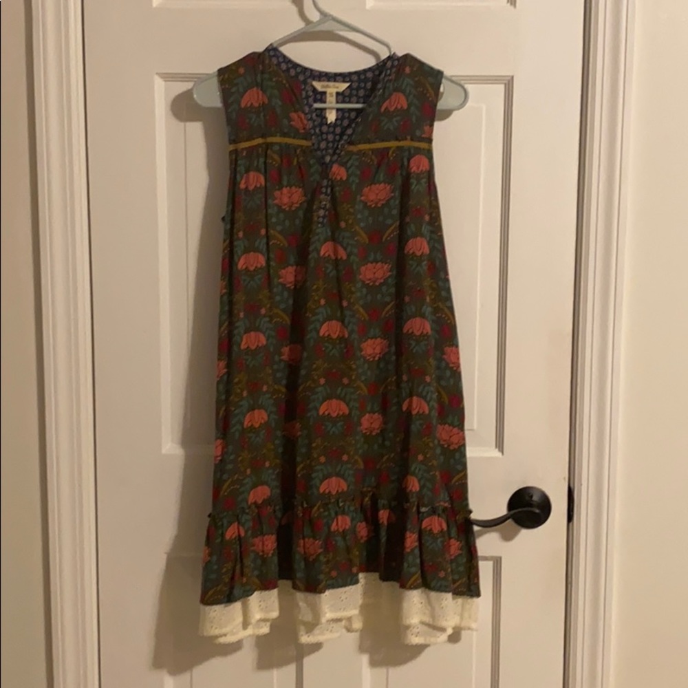 Green Floral/Rose Print Tank Dress w Crochet Trim